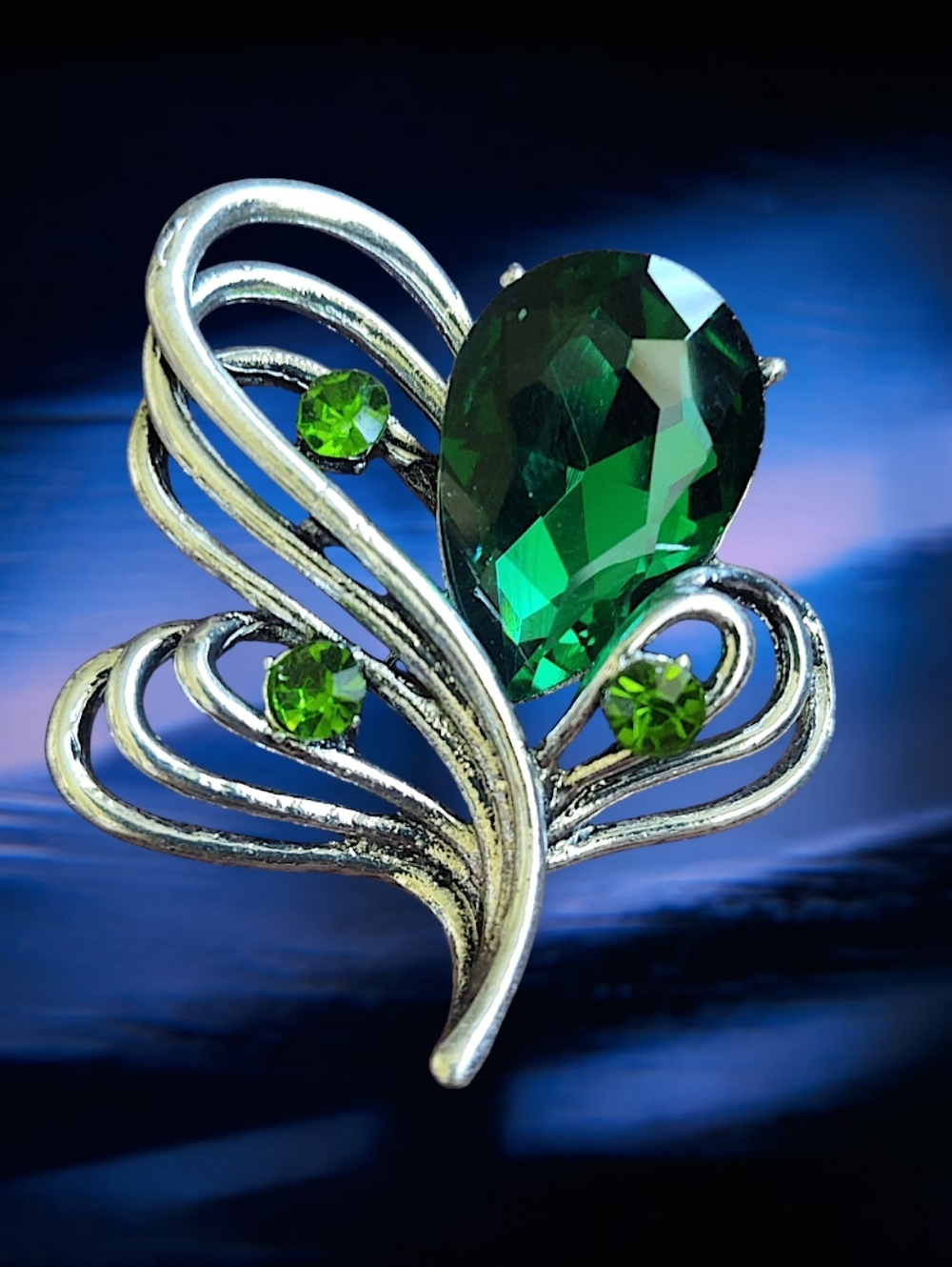 Silver-Tone Green Teardrop Crystal Brooch - Women Jewelry